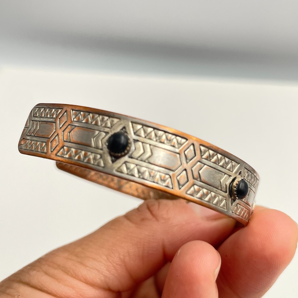 Vintage 80s Metal Cuff Bracelet Black Glass Art Deco Classic Fashion Jewelry Y2K